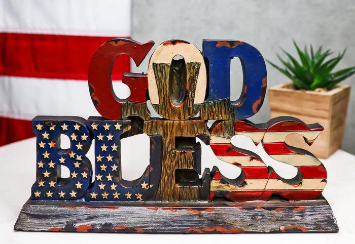 ebros gift Rustic Western Patriotic United States Flag With Cross God Bless Desktop Plaque