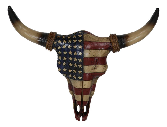 Ebros Gift Rustic Western Patriotic USA American Flag Steer Bison Bull Cow Skull Wall Decor
