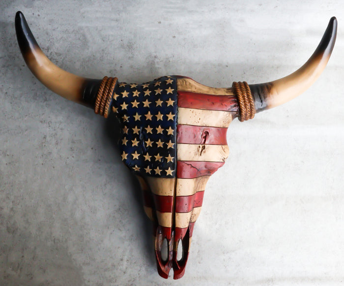 ebros gift Rustic Western Patriotic USA American Flag Steer Bison Bull Cow Skull Wall Decor