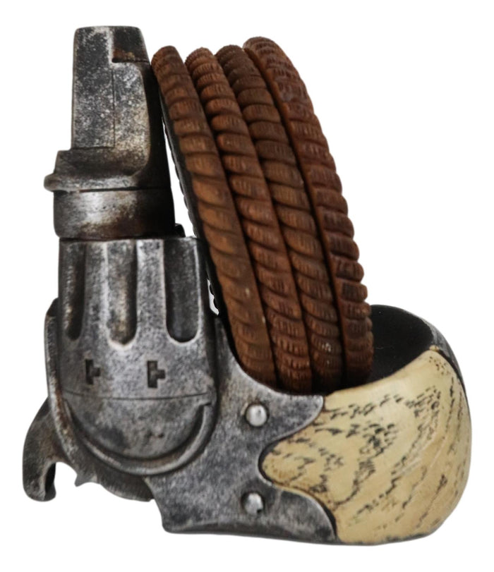 Ebros Gift Rustic Western Pistol Revolver Gun Coaster Set With 4 Braided Ropes Coasters