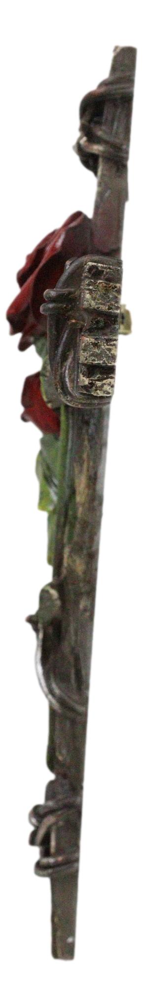 Ebros Gift Rustic Western Red Roses Stalk With Barbed Wires Faux Wooden Wall Cross Decor