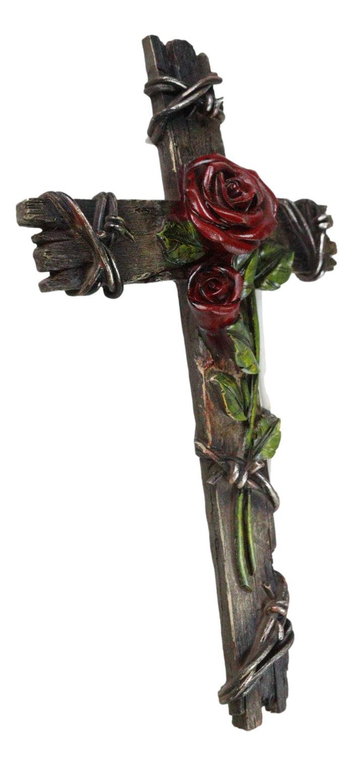 Ebros Gift Rustic Western Red Roses Stalk With Barbed Wires Faux Wooden Wall Cross Decor