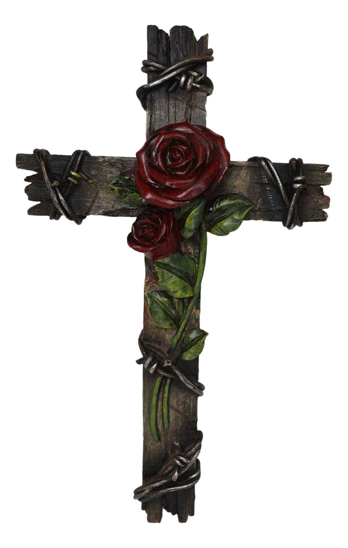 Ebros Gift Rustic Western Red Roses Stalk With Barbed Wires Faux Wooden Wall Cross Decor