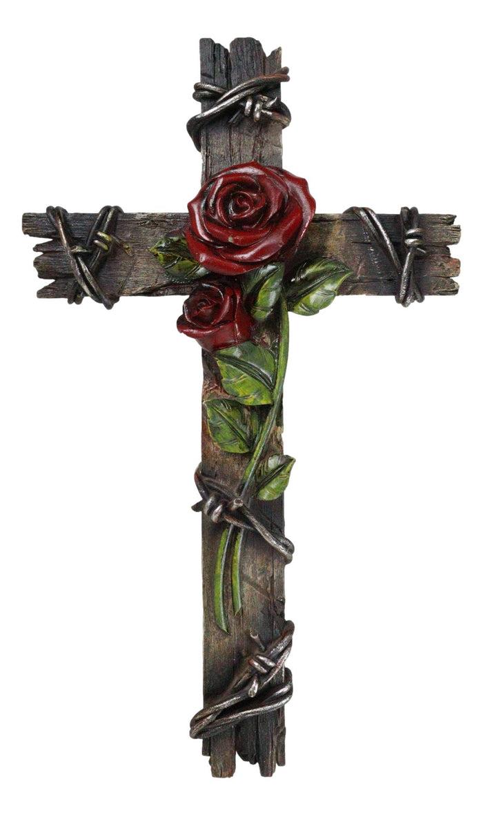 ebros gift Rustic Western Red Roses Stalk With Barbed Wires Faux Wooden Wall Cross Decor