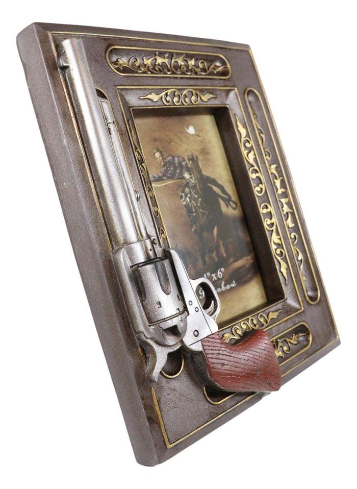 Ebros Gift Rustic Western Revolver Gun Pistol Faux Wood 4"X6" Desktop Or Wall Picture Frame