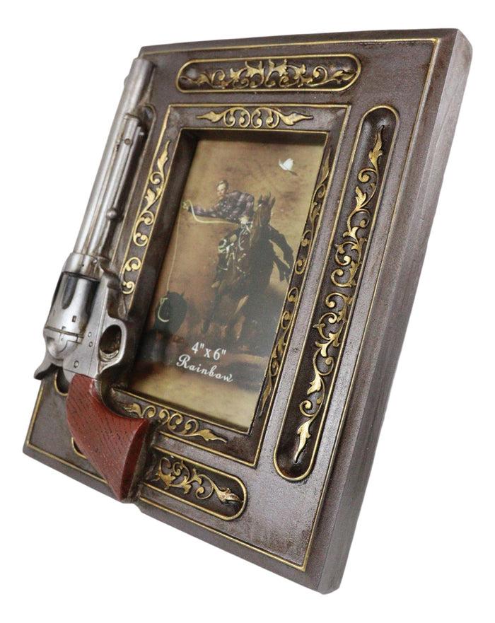 Ebros Gift Rustic Western Revolver Gun Pistol Faux Wood 4"X6" Desktop Or Wall Picture Frame