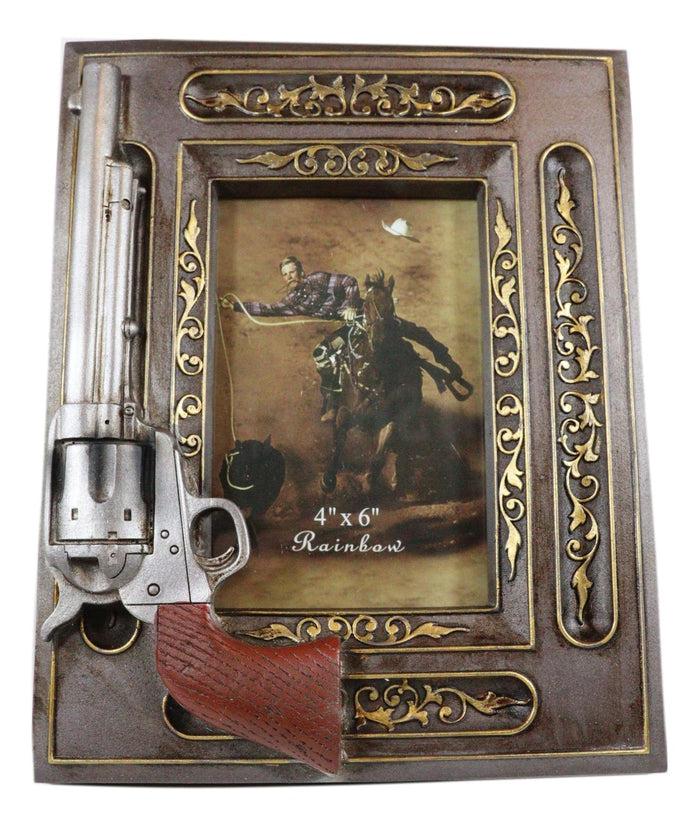 Ebros Gift Rustic Western Revolver Gun Pistol Faux Wood 4"X6" Desktop Or Wall Picture Frame