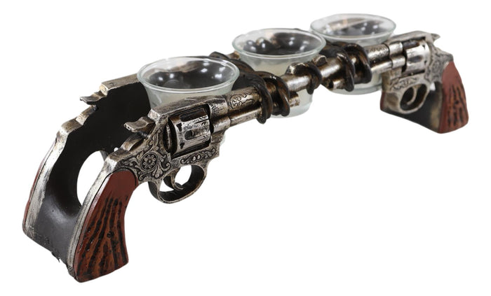 Ebros Gift Rustic Western Revolver Pistol Guns Votive Candle Holder With 3 Glass Inserts