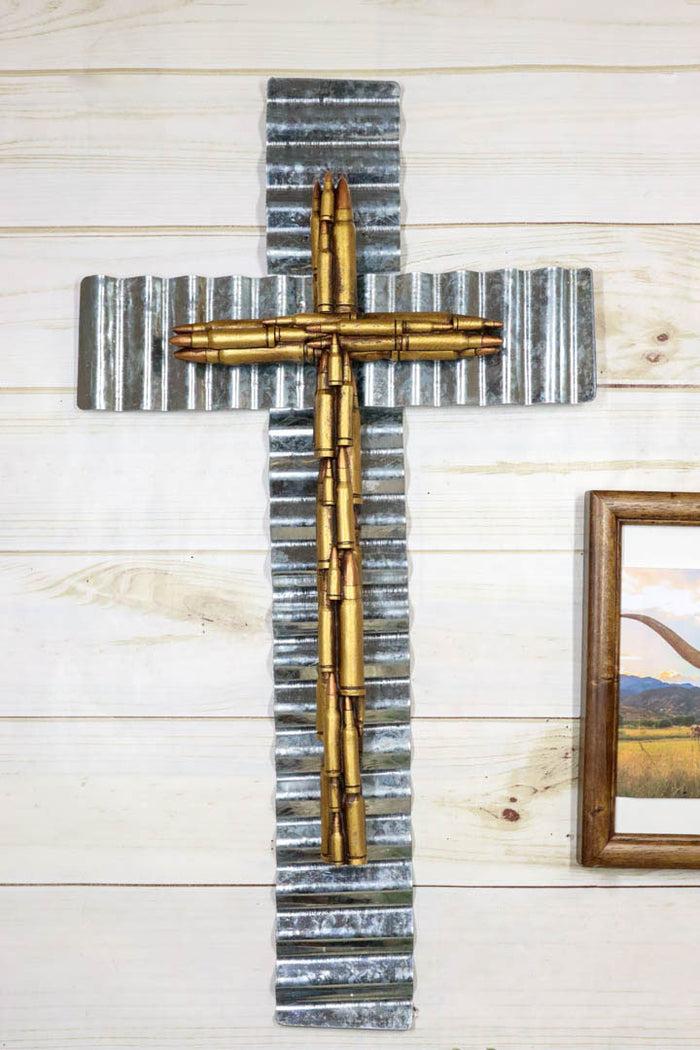 Ebros Gift Rustic Western Rifle Pistol Bullet Shells Layered Galvanized Metal Wall Cross