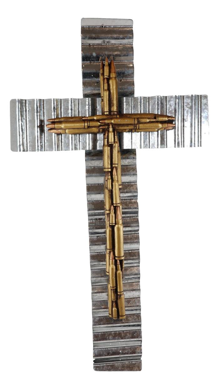 Ebros Gift Rustic Western Rifle Pistol Bullet Shells Layered Galvanized Metal Wall Cross
