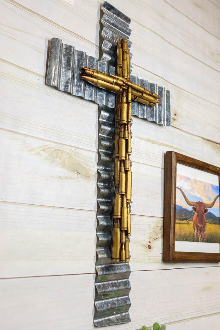 ebros gift Rustic Western Rifle Pistol Bullet Shells Layered Galvanized Metal Wall Cross