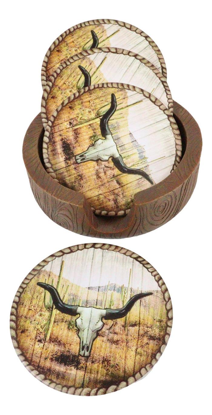 Ebros Gift Rustic Western Rodeo Roundup Longhorn Cow Skull Ropes Faux Wooden Coaster Set
