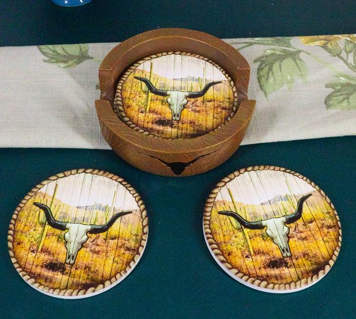 ebros gift Rustic Western Rodeo Roundup Longhorn Cow Skull Ropes Faux Wooden Coaster Set