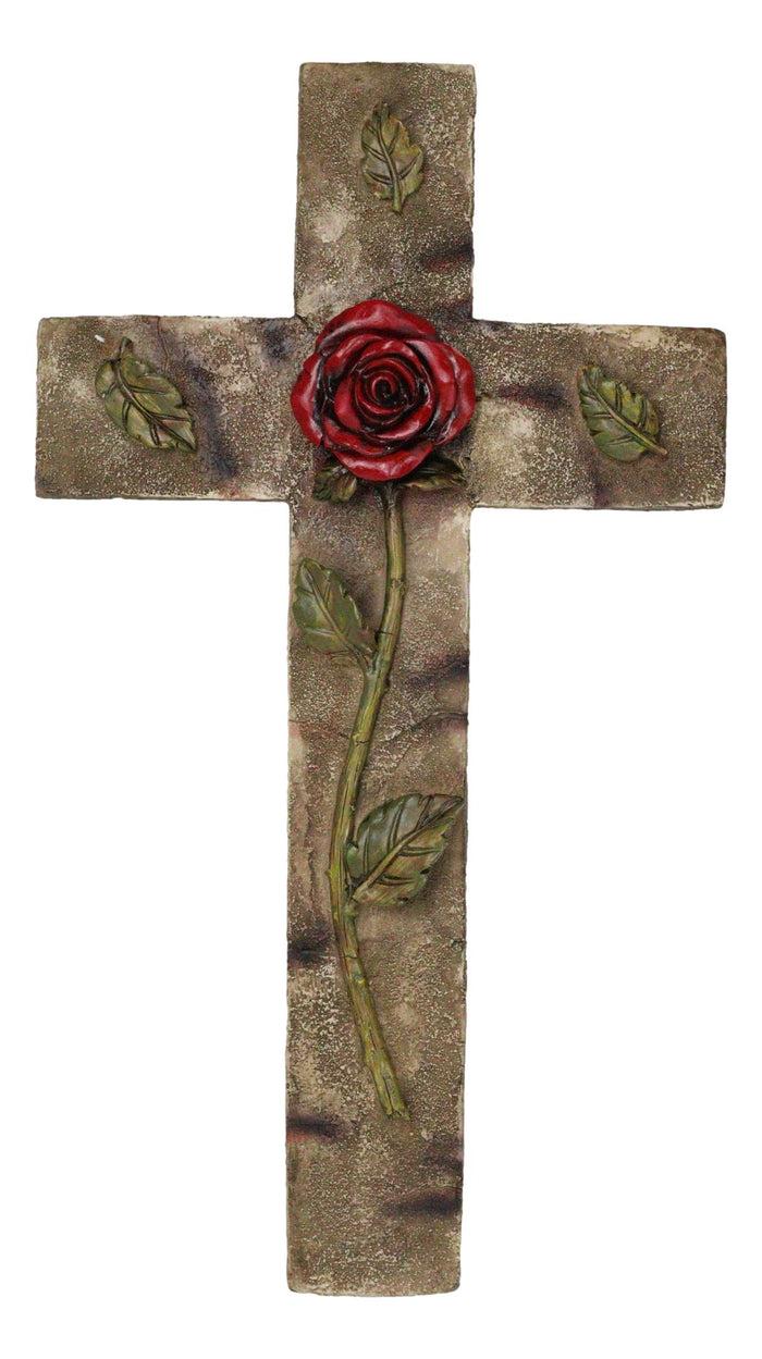 ebros gift Rustic Western Rose of Sharon Red Rose Stalk With Green Petals Wall Cross Decor