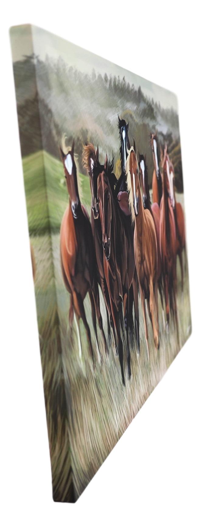 Ebros Gift Rustic Western Running Horses Herd Wood Framed Canvas Print 31" X 21" Wall Art