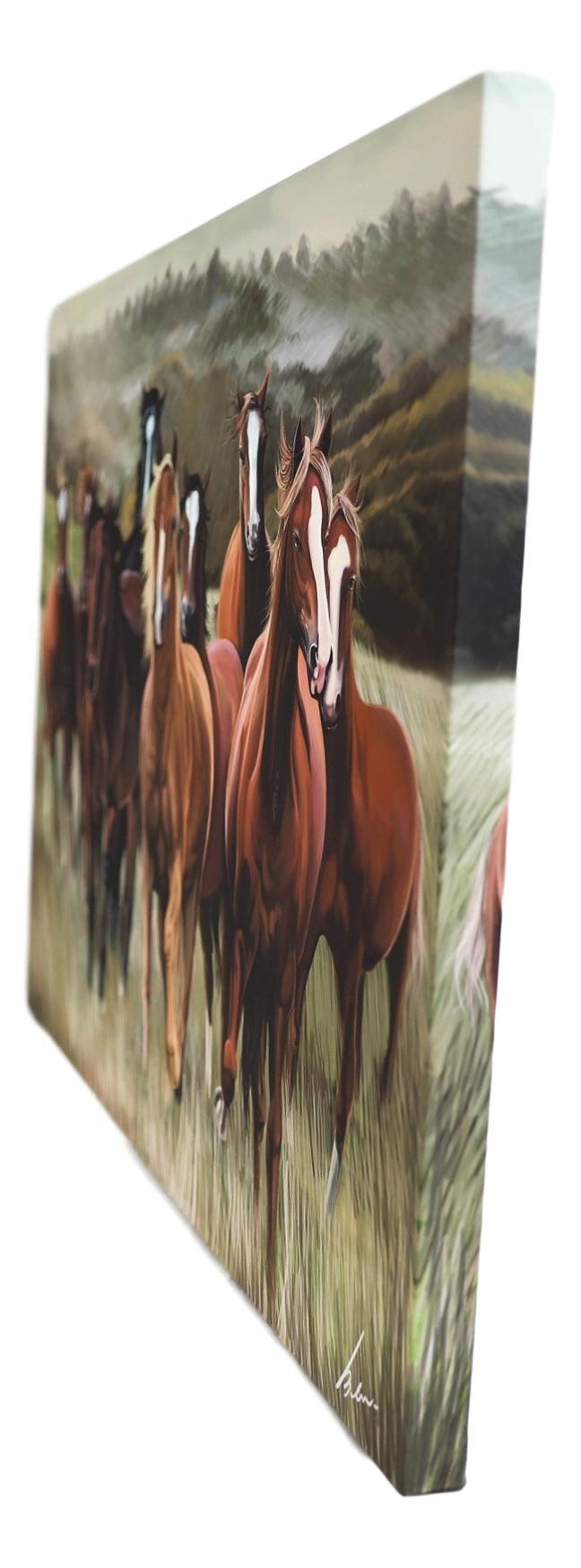 Ebros Gift Rustic Western Running Horses Herd Wood Framed Canvas Print 31" X 21" Wall Art