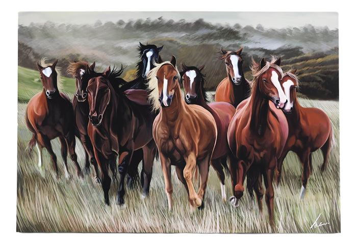 Ebros Gift Rustic Western Running Horses Herd Wood Framed Canvas Print 31" X 21" Wall Art
