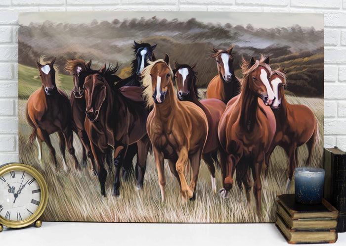 ebros gift Rustic Western Running Horses Herd Wood Framed Canvas Print 31" X 21" Wall Art