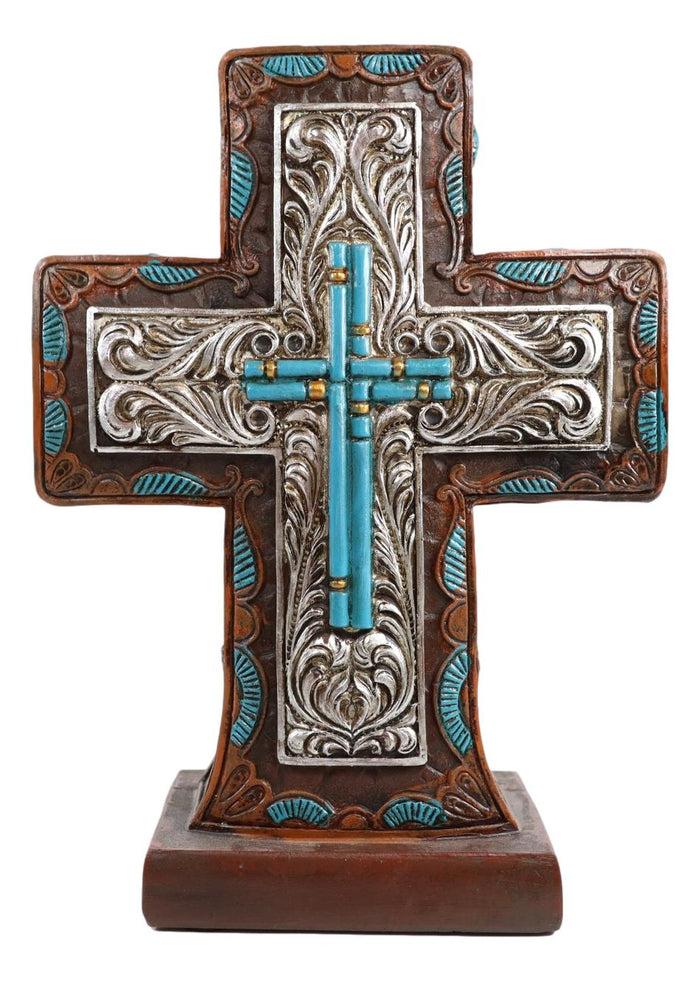 Ebros Gift Rustic Western Silver Floral Scrollwork And Blue Turquoise Standing Cross Plaque