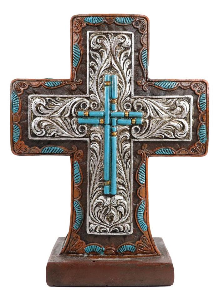 Ebros Gift Rustic Western Silver Floral Scrollwork And Blue Turquoise Standing Cross Plaque