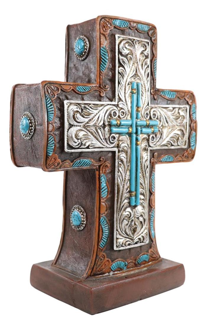 Ebros Gift Rustic Western Silver Floral Scrollwork And Blue Turquoise Standing Cross Plaque