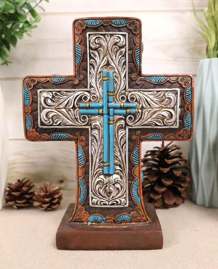ebros gift Rustic Western Silver Floral Scrollwork And Blue Turquoise Standing Cross Plaque