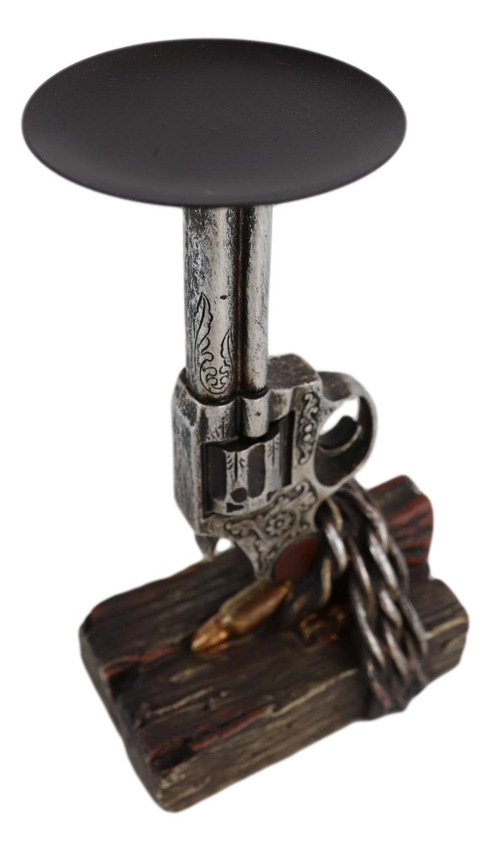 Ebros Gift Rustic Western Six Shooter Revolver Gun With Scroll Art Pillar Candle Holder