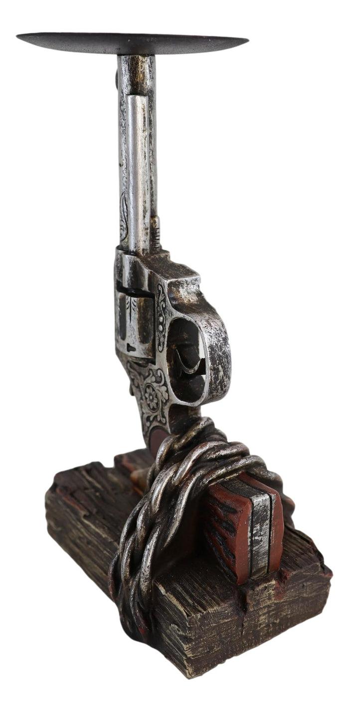 Ebros Gift Rustic Western Six Shooter Revolver Gun With Scroll Art Pillar Candle Holder