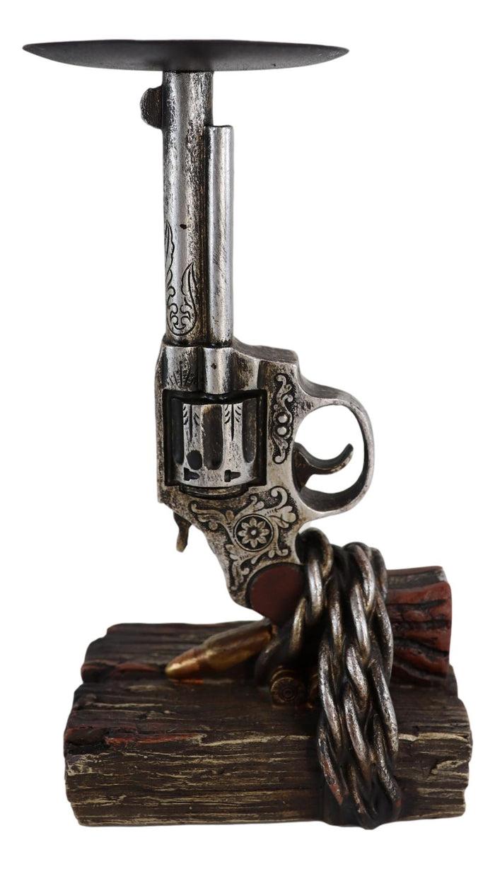 Ebros Gift Rustic Western Six Shooter Revolver Gun With Scroll Art Pillar Candle Holder