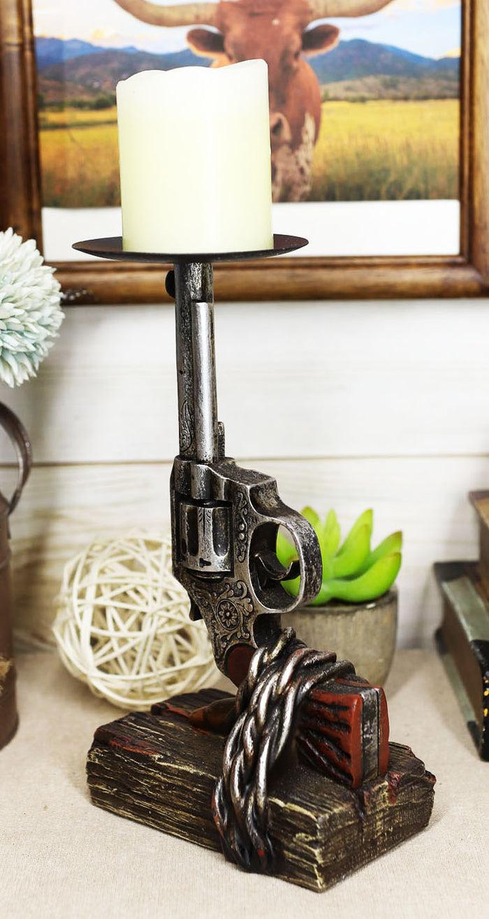 ebros gift Rustic Western Six Shooter Revolver Gun With Scroll Art Pillar Candle Holder