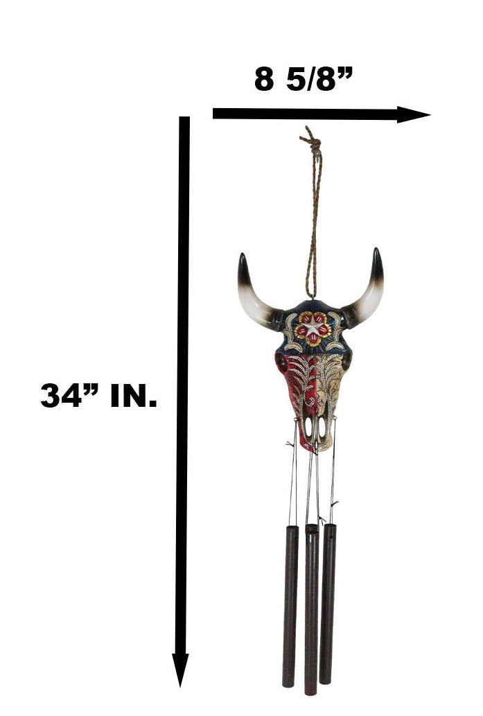 Ebros Gift Rustic Western Star Colorful Texas Flag Floral Pattern Bull Cow Skull Wind Chime