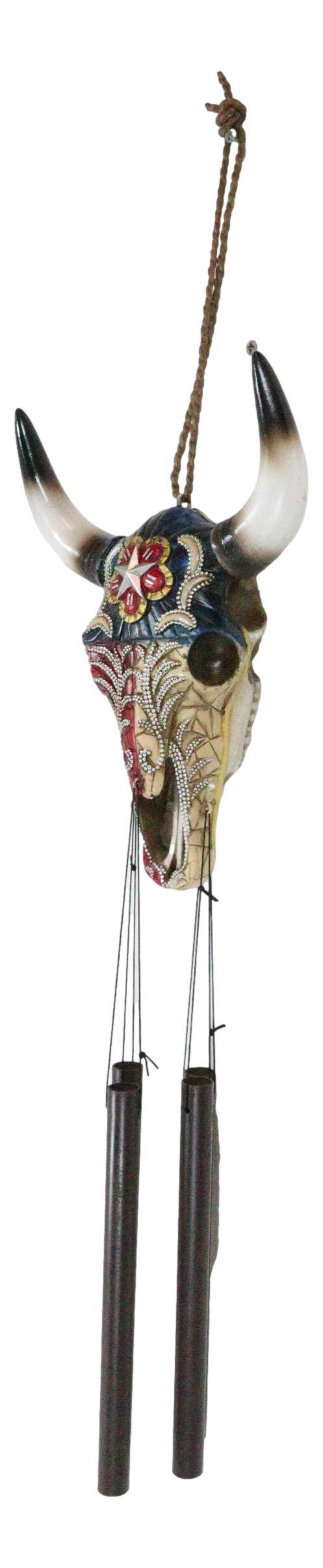 Ebros Gift Rustic Western Star Colorful Texas Flag Floral Pattern Bull Cow Skull Wind Chime