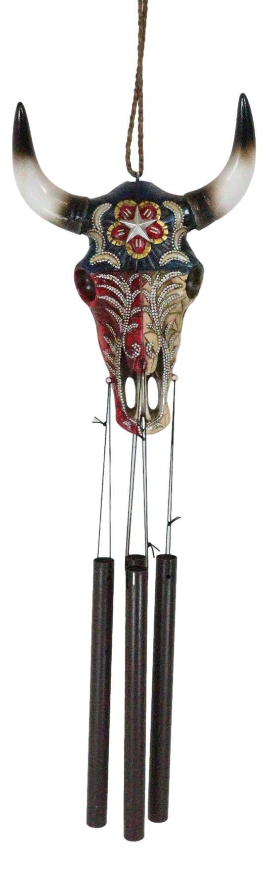 ebros gift Rustic Western Star Colorful Texas Flag Floral Pattern Bull Cow Skull Wind Chime