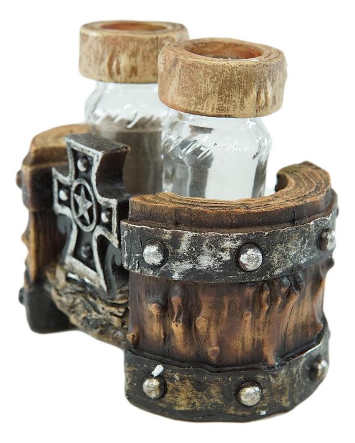 Ebros Gift Rustic Western Star Cross With Faux Wood Barrel Base With Salt & Pepper Shakers