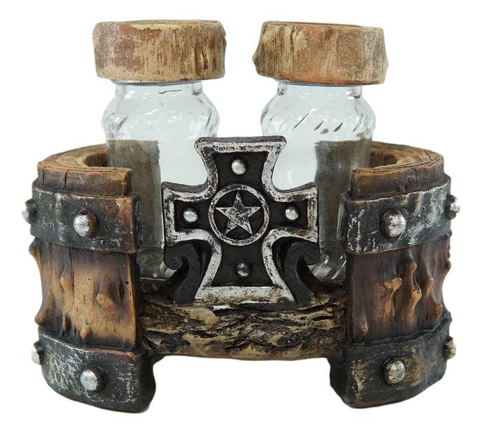 Ebros Gift Rustic Western Star Cross With Faux Wood Barrel Base With Salt & Pepper Shakers