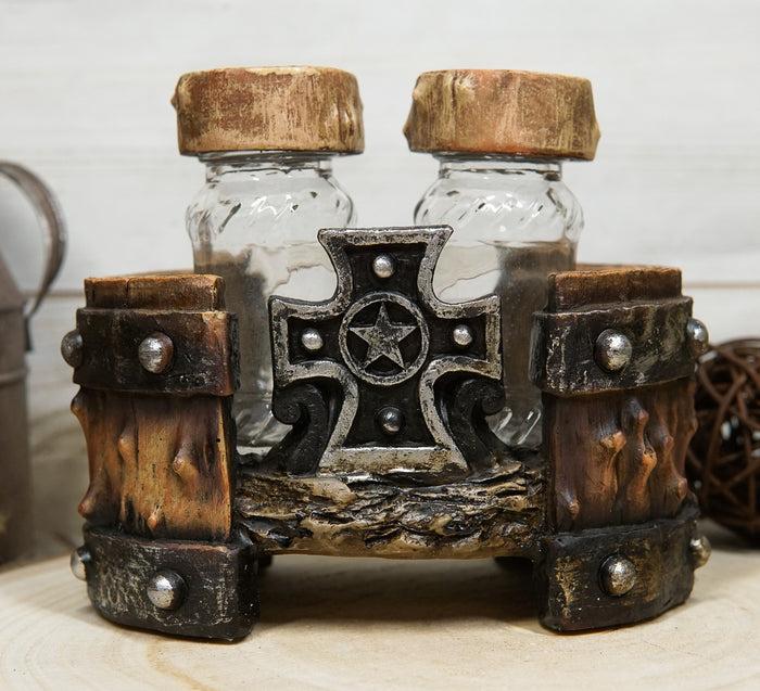 ebros gift Rustic Western Star Cross With Faux Wood Barrel Base With Salt & Pepper Shakers