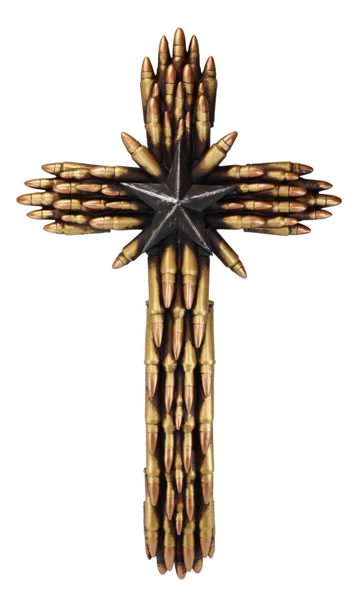 Ebros Gift Rustic Western Star Military Pistol Bullet Shell Casings Memorial Wall Cross