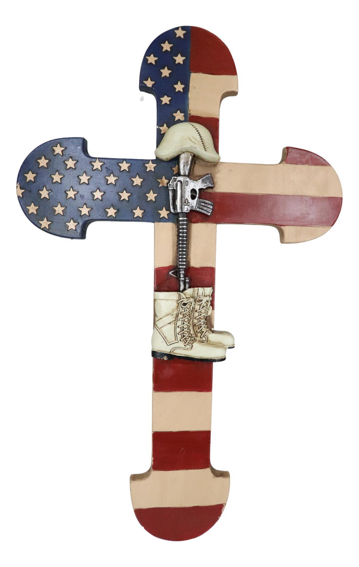 Ebros Gift Rustic Western Stars USA Flag Fallen Soldier Boot Rifle Helmet Wall Cross Decor