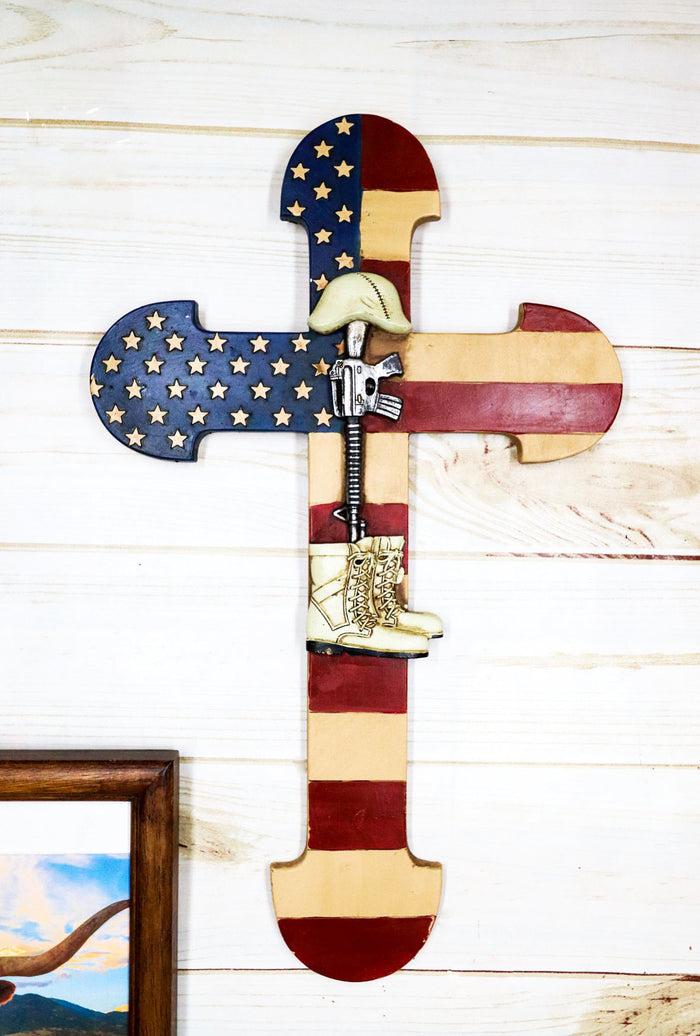 ebros gift Rustic Western Stars USA Flag Fallen Soldier Boot Rifle Helmet Wall Cross Decor