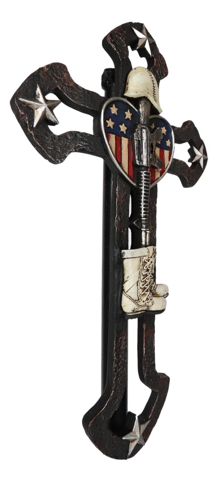 Ebros Gift Rustic Western Stars USA Flag Heart Fallen Soldier Boot Rifle Helmet Wall Cross