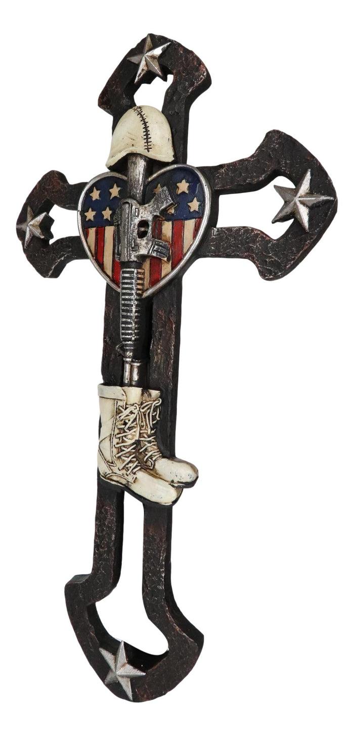 Ebros Gift Rustic Western Stars USA Flag Heart Fallen Soldier Boot Rifle Helmet Wall Cross