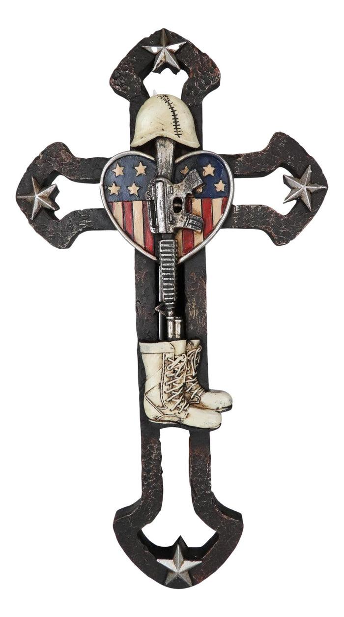 Ebros Gift Rustic Western Stars USA Flag Heart Fallen Soldier Boot Rifle Helmet Wall Cross