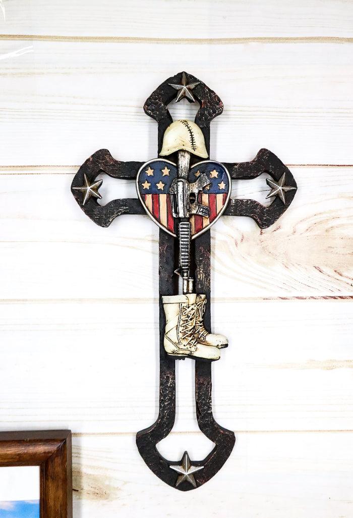 ebros gift Rustic Western Stars USA Flag Heart Fallen Soldier Boot Rifle Helmet Wall Cross