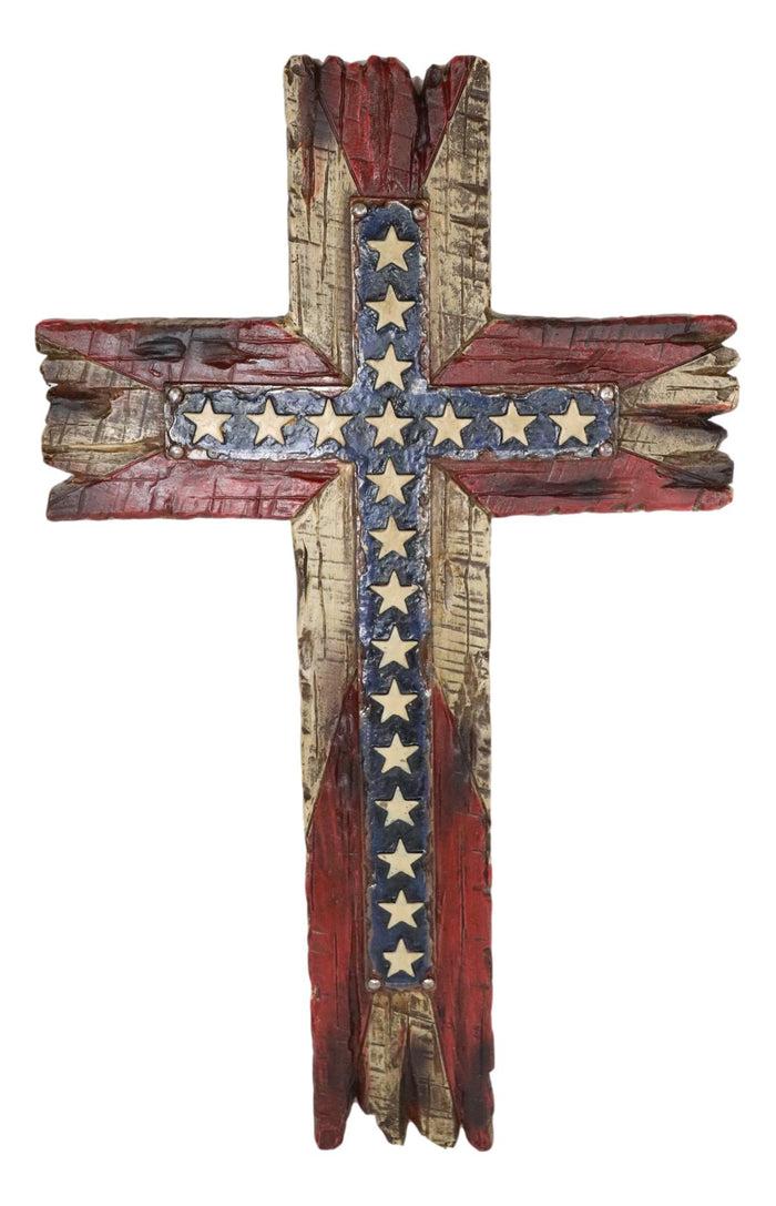 Ebros Gift Rustic Western Stars USA Flag Patriotic American Faux Distressed Wood Wall Cross