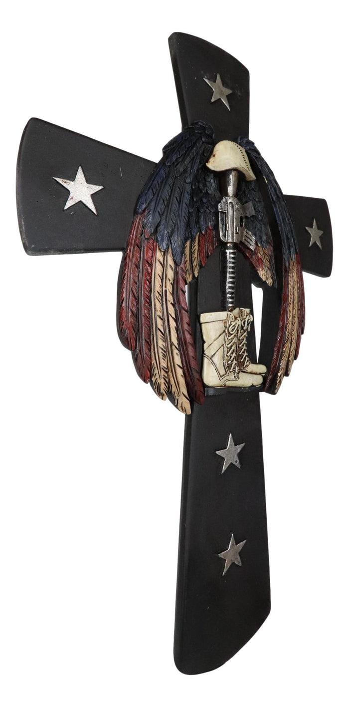 Ebros Gift Rustic Western Stars USA Flag Wings Fallen Soldier Boot Rifle Helmet Wall Cross