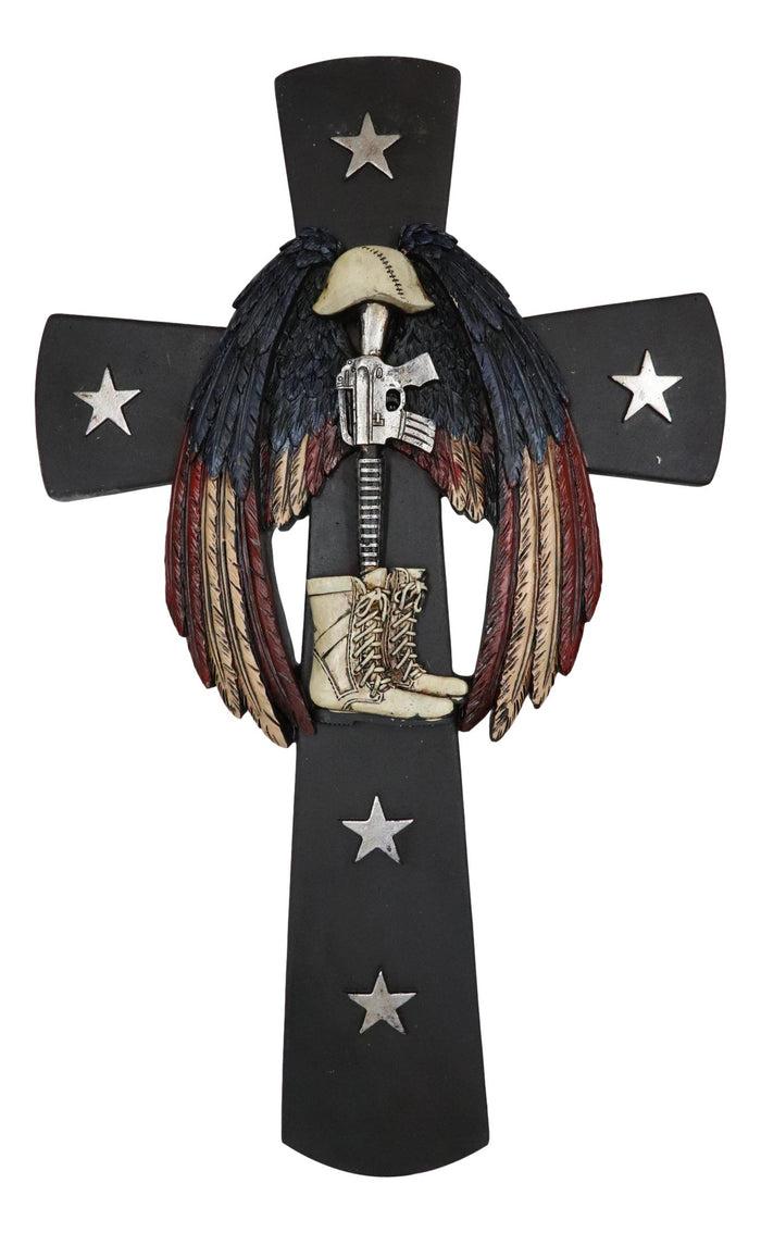 Ebros Gift Rustic Western Stars USA Flag Wings Fallen Soldier Boot Rifle Helmet Wall Cross