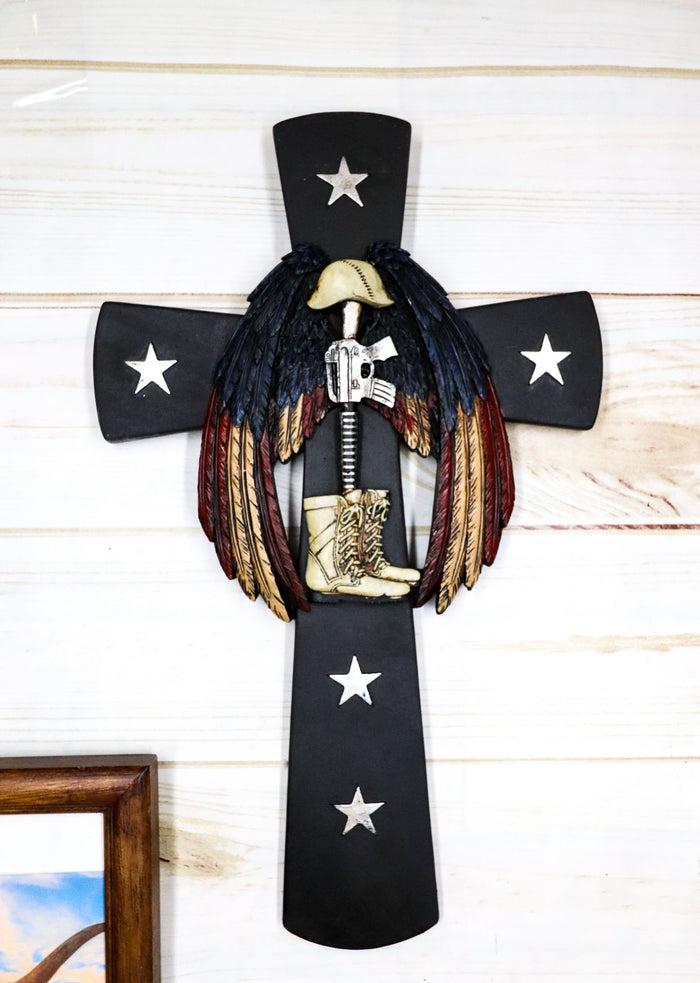 ebros gift Rustic Western Stars USA Flag Wings Fallen Soldier Boot Rifle Helmet Wall Cross