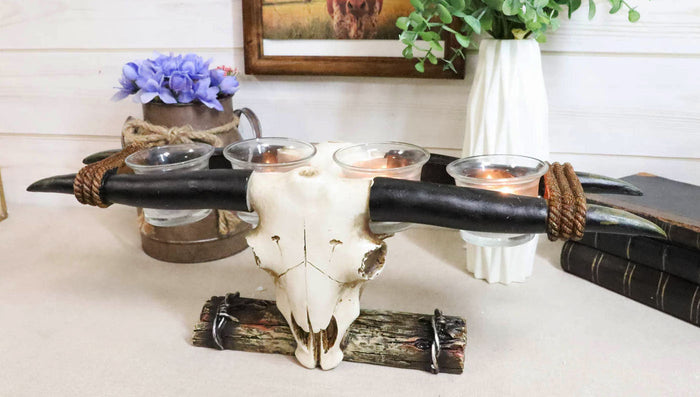 ebros gift Rustic Western Steer Bull Cow Skull Decorative 4 Votives Candle Holder Figurine