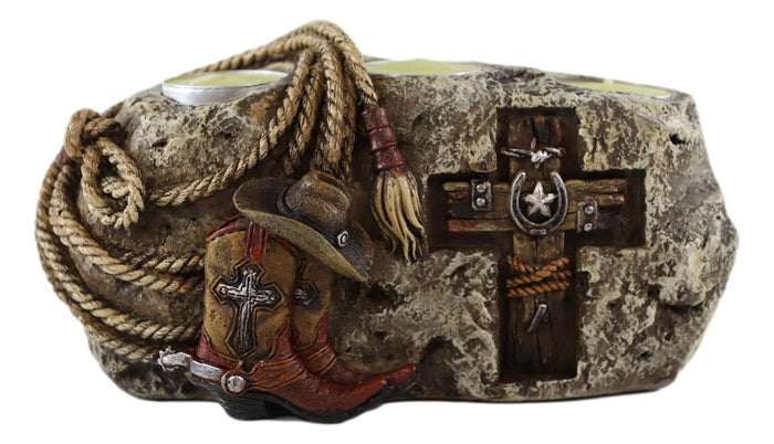 Ebros Gift Rustic Western Stony Cowboy Hat Boot Rope Horseshoe Cross Votive Candles Holder