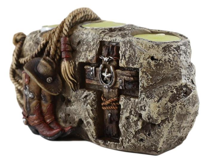 Ebros Gift Rustic Western Stony Cowboy Hat Boot Rope Horseshoe Cross Votive Candles Holder